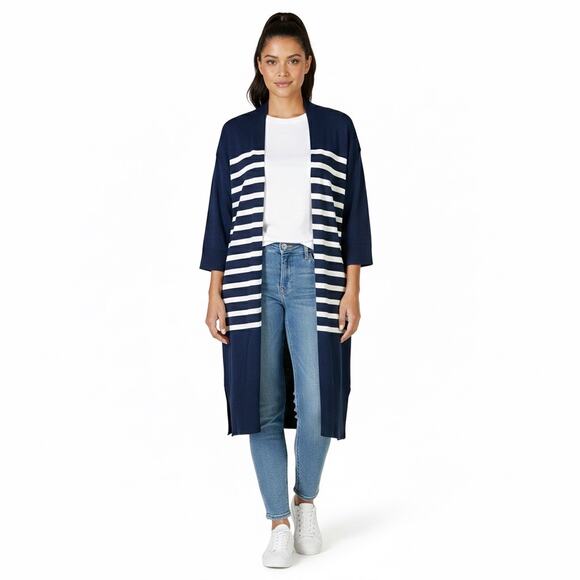 NWT LOFT Open Front Cardigan Womens M Navy Blue Striped 100% Cotton Coastal - Picture 2 of 8